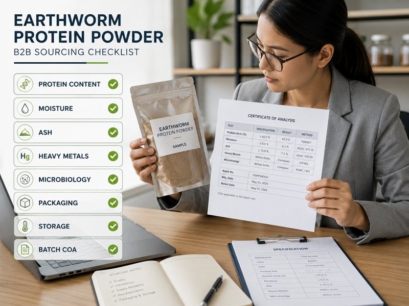 B2B buyer reviewing Earthworm Protein Powder protein content, moisture, ash, and microbiology
