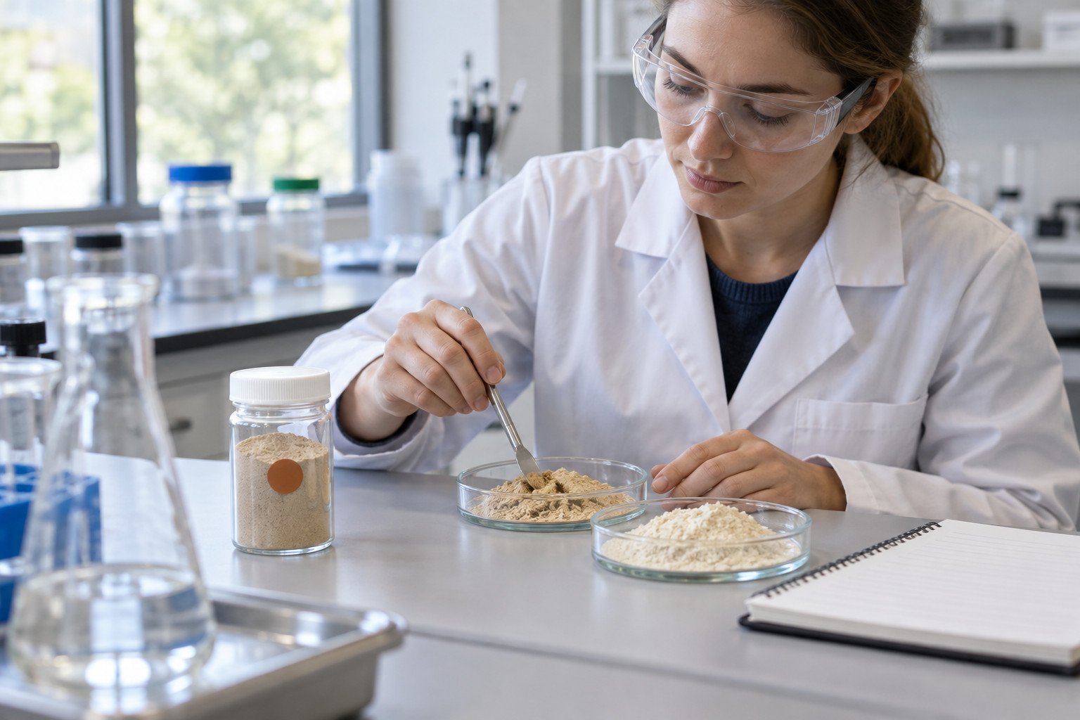 Formulator comparing Earthworm Protein Powder samples during bench formulation evaluation