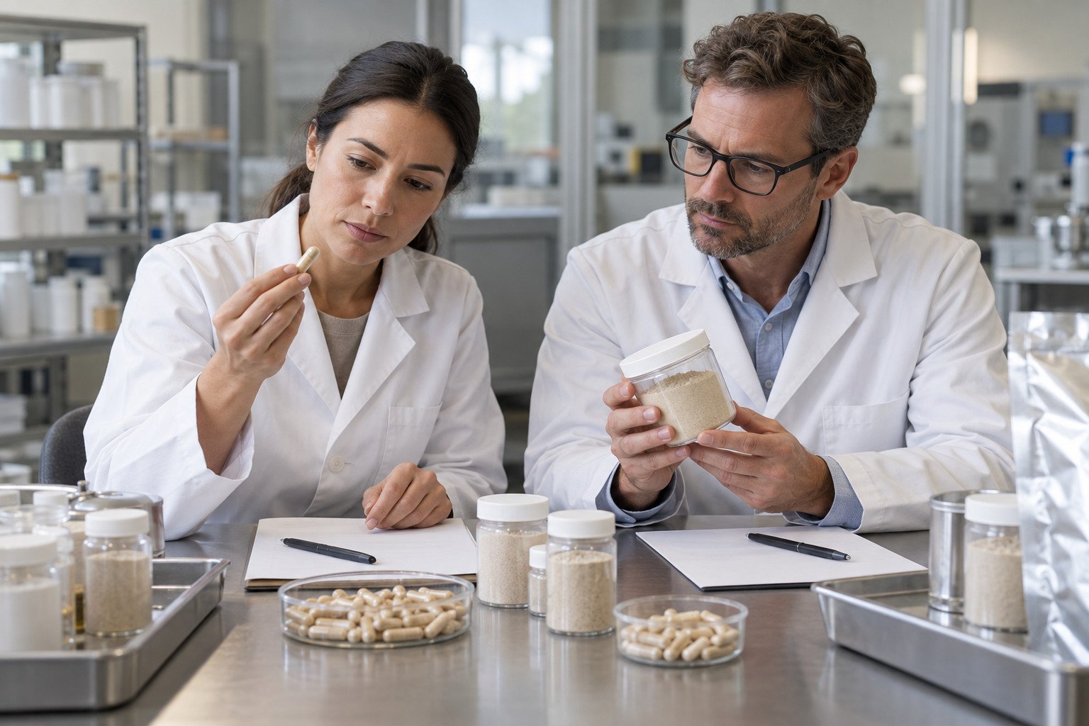 Product development team reviewing Earthworm Protein Powder and trial capsules before a pilot decision