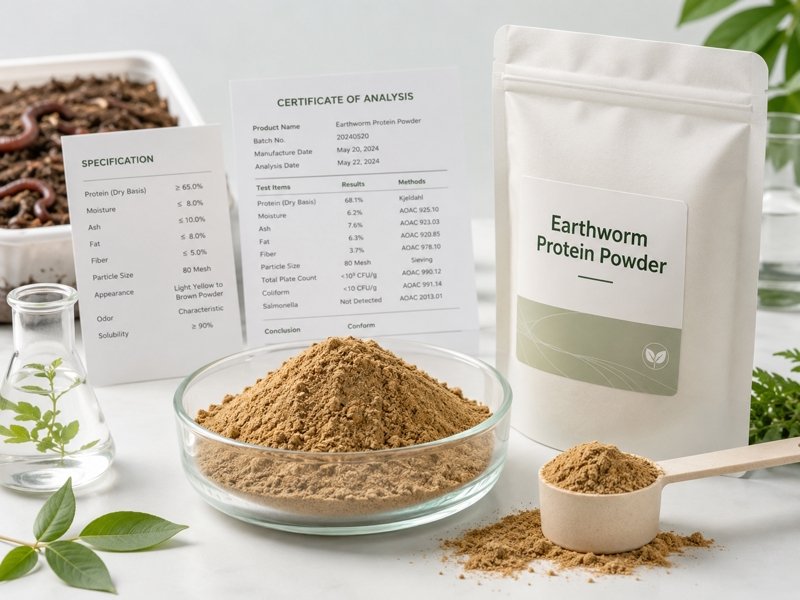 Earthworm Protein Powder B2B ingredient with specification sheet and batch COA