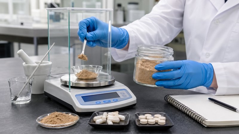 Formulator evaluating earthworm protein powder for capsule and tablet supplement development