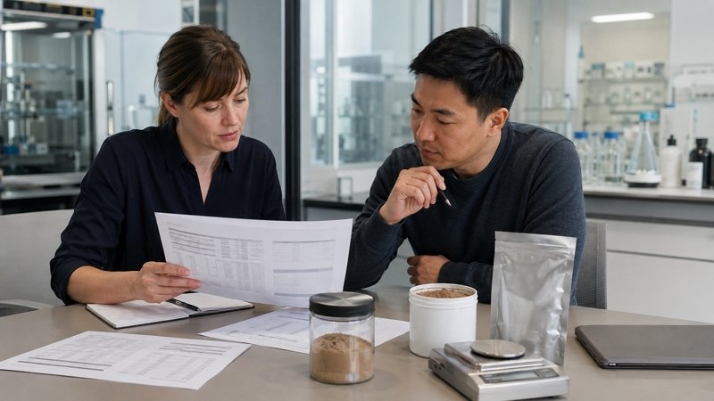 Technical team reviewing earthworm protein powder specifications, batch documents and formulation samples
