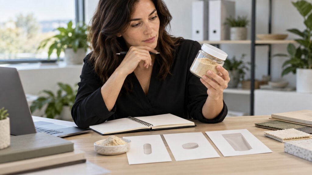 Product developer evaluating Earthworm Protein Powder for capsule, tablet and powder product concepts