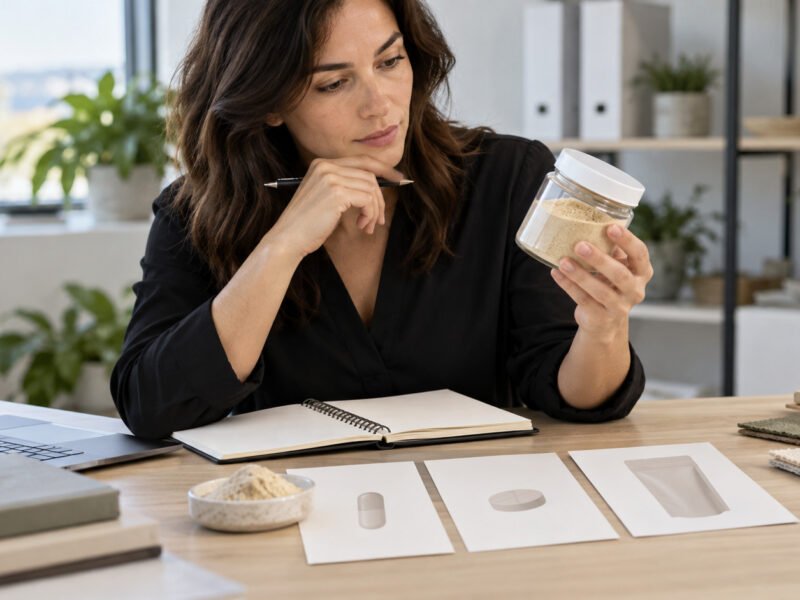 Product developer evaluating Earthworm Protein Powder for capsule, tablet and powder product concepts