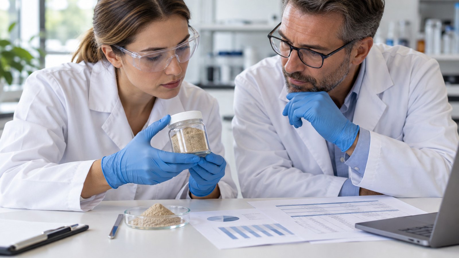 R&D and quality teams reviewing an Earthworm Protein Powder sample and analytical documents