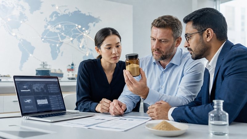International procurement and QA team evaluating a lumbrokinase ingredient supplier for global B2B sourcing
