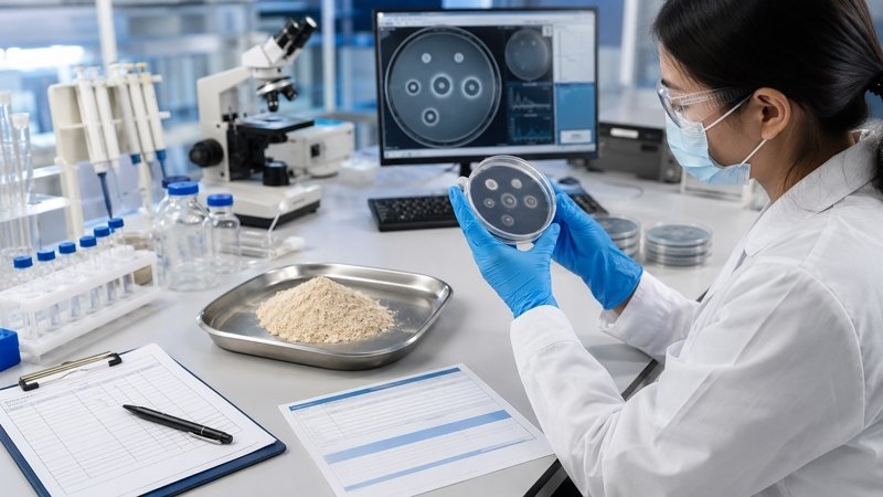 Laboratory analyst reviewing a lumbrokinase fibrin plate assay, activity specification and batch quality documents