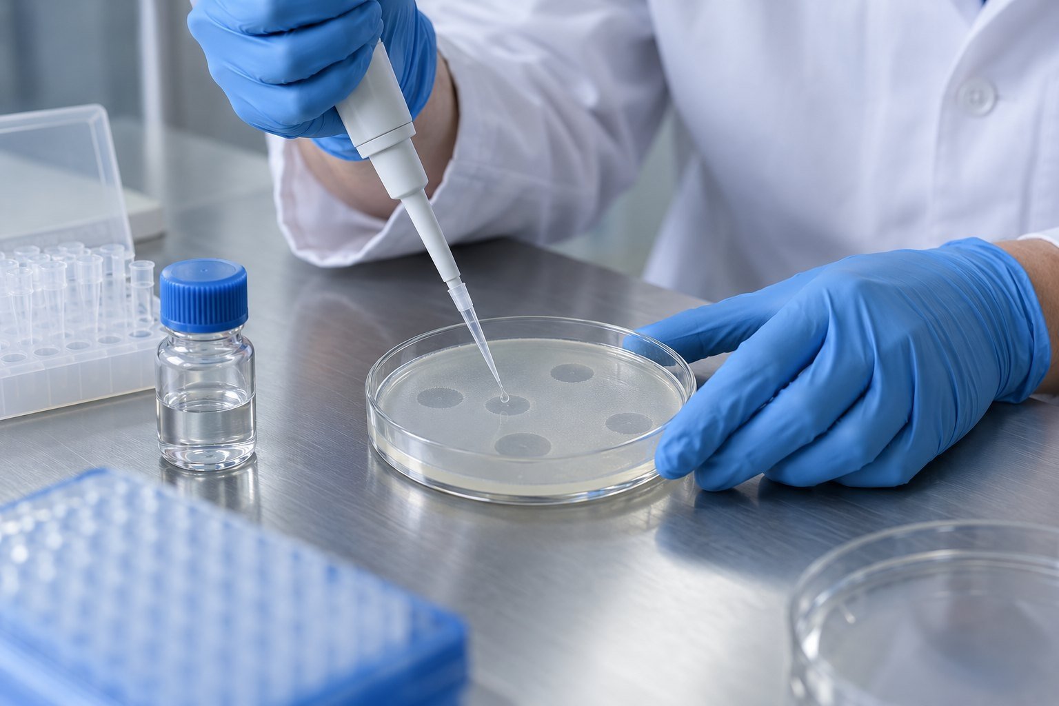 Laboratory researcher preparing a fibrin plate for lumbrokinase activity evaluation