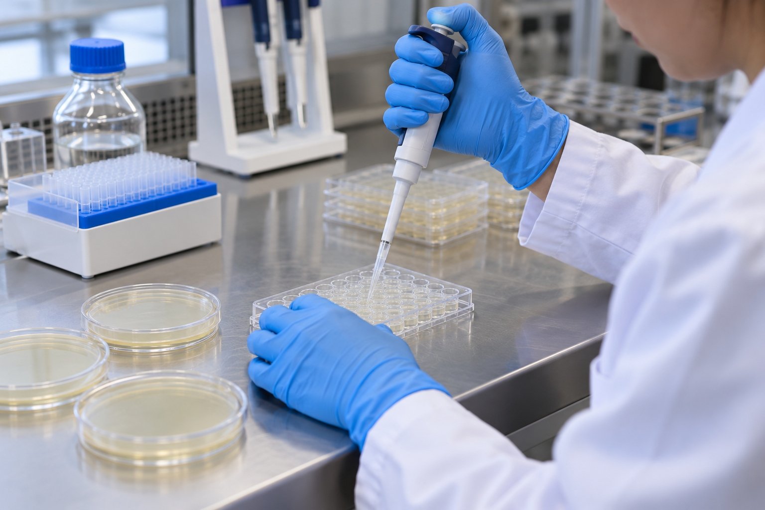 Laboratory technician preparing samples with a micropipette beside agar plates.