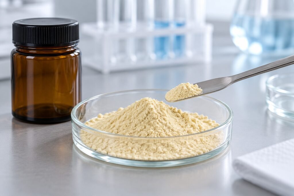 Pale yellow powder in a glass sample dish with a sampling spatula and amber container.