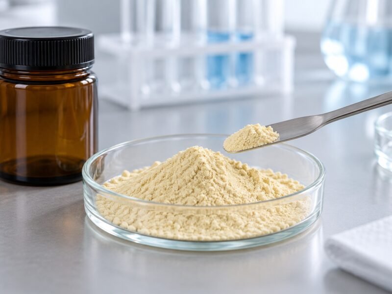 Pale yellow powder in a glass sample dish with a sampling spatula and amber container.