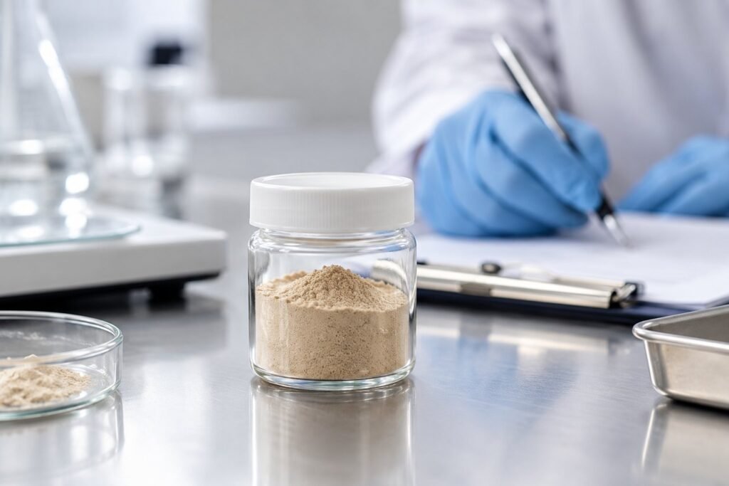 Lumbrokinase powder sample on a laboratory bench during ingredient evaluation
