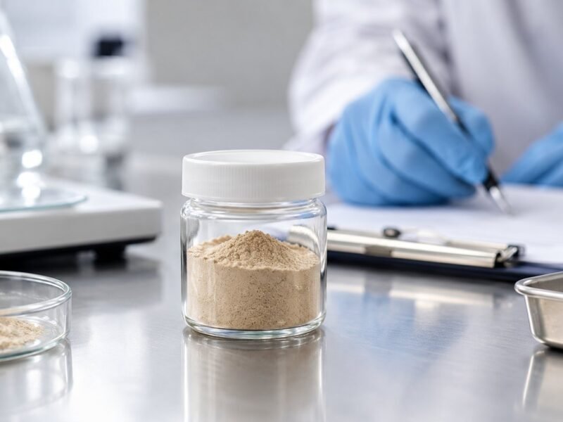 Lumbrokinase powder sample on a laboratory bench during ingredient evaluation