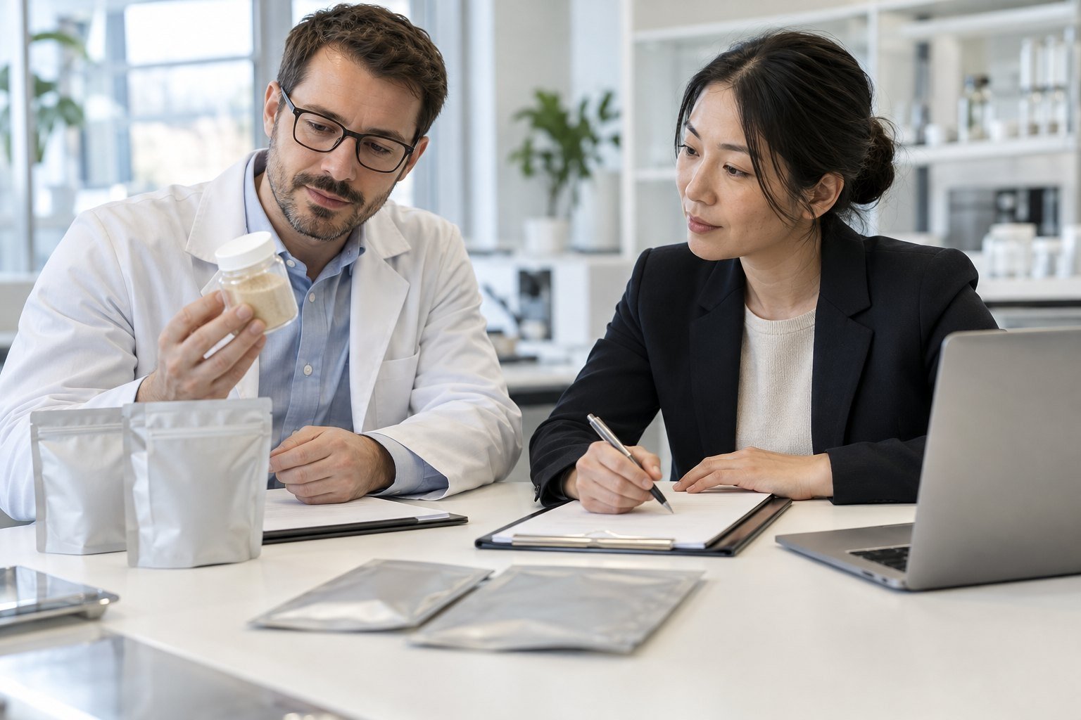 Ingredient development and sourcing professionals reviewing a lumbrokinase powder sample