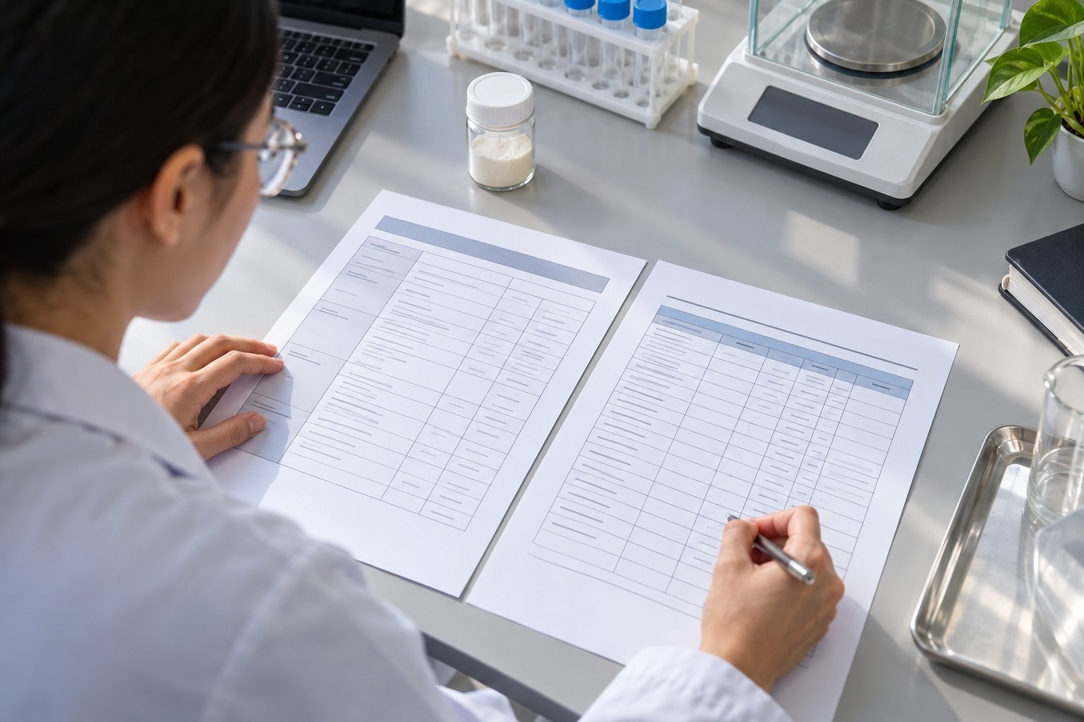 Quality reviewer comparing lumbrokinase specification and batch COA documents