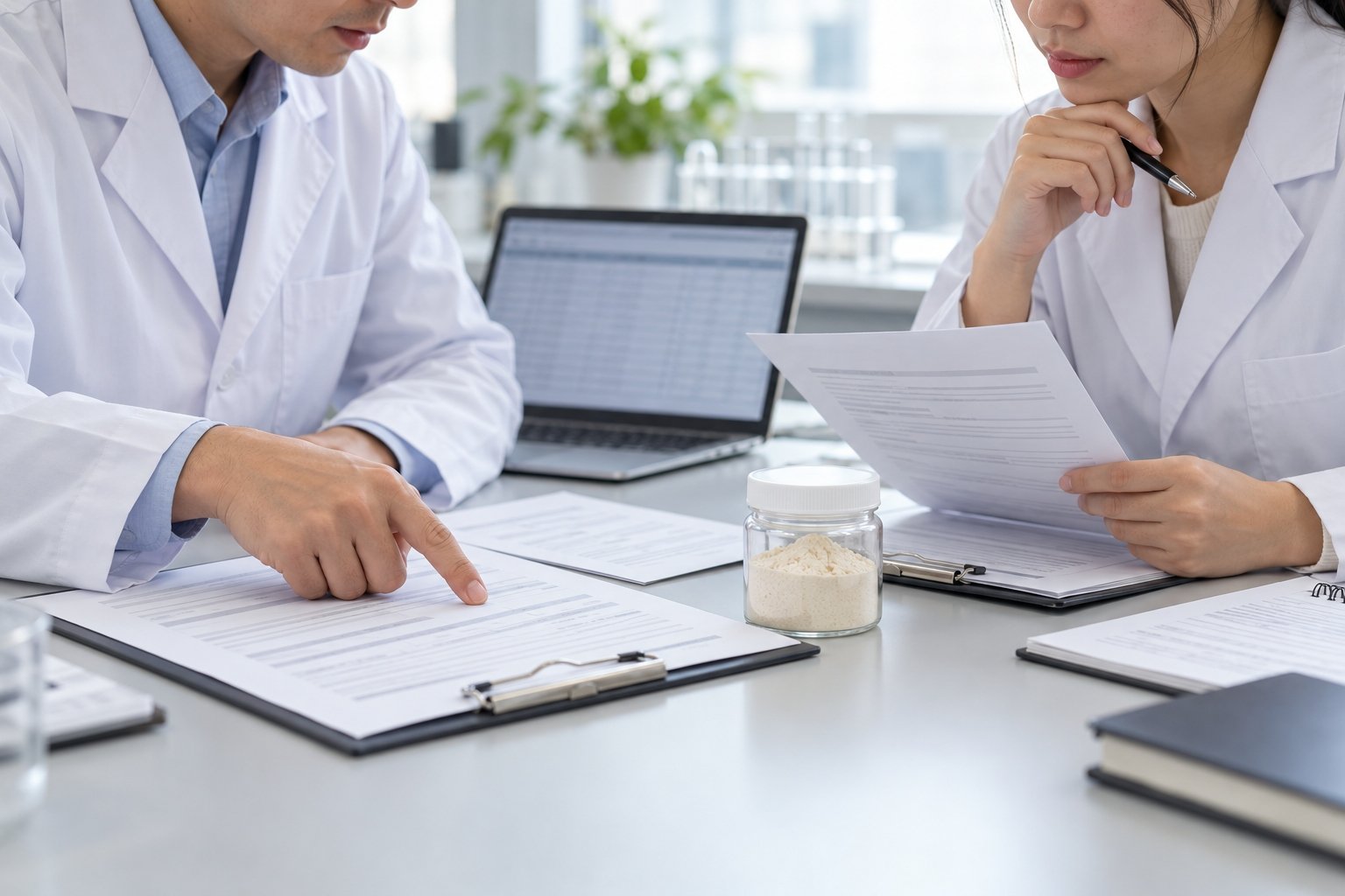 Technical specialists reviewing ingredient specifications and batch documents beside a powder sample.