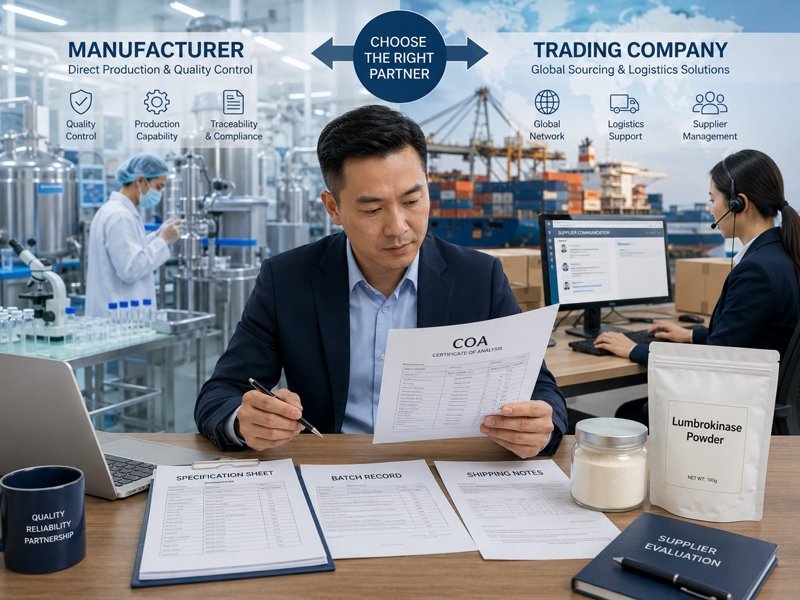 B2B buyer comparing lumbrokinase raw material traceability, COA and supplier communication