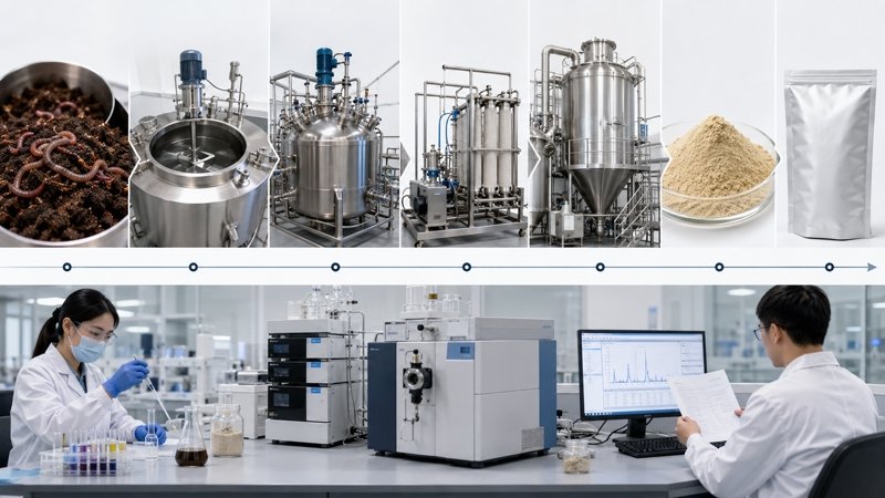 Earthworm peptide powder production methods from raw material processing to hydrolysis, filtration, drying, packaging, and quality testing