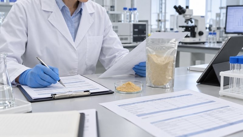 QA specialist reviewing an Earthworm Peptide Powder specification and ingredient sample
