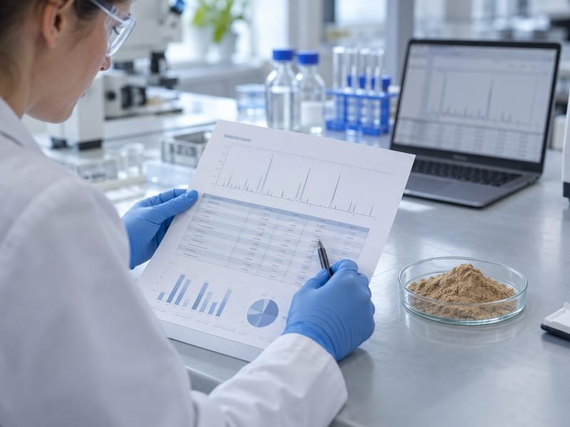 R&D scientist reviewing an Earthworm Protein Powder amino acid analysis report
