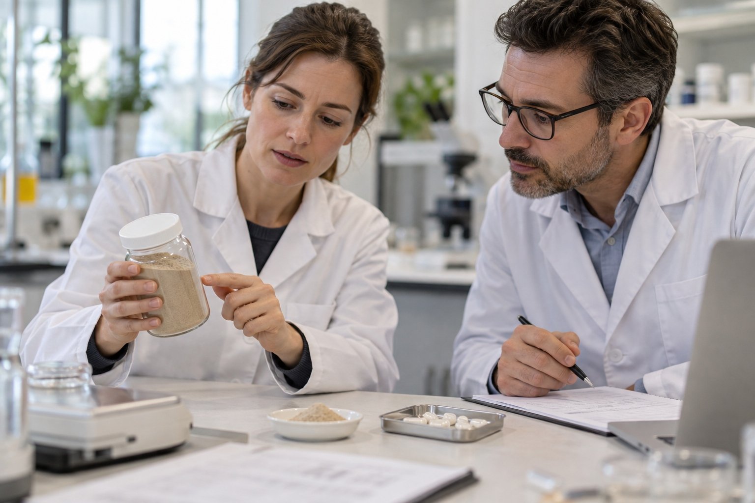 Formulation and QA colleagues evaluating an Earthworm Protein Powder sample for a capsule project