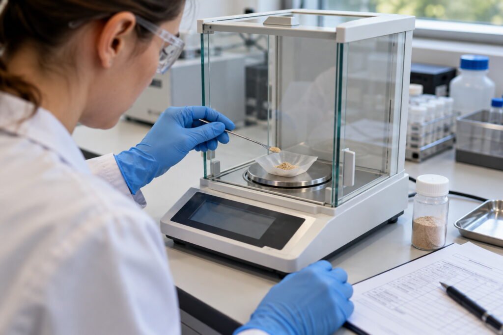 Technical buyers reviewing an Earthworm Protein Powder specification beside a powder sample
