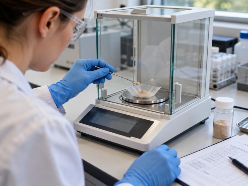 Technical buyers reviewing an Earthworm Protein Powder specification beside a powder sample