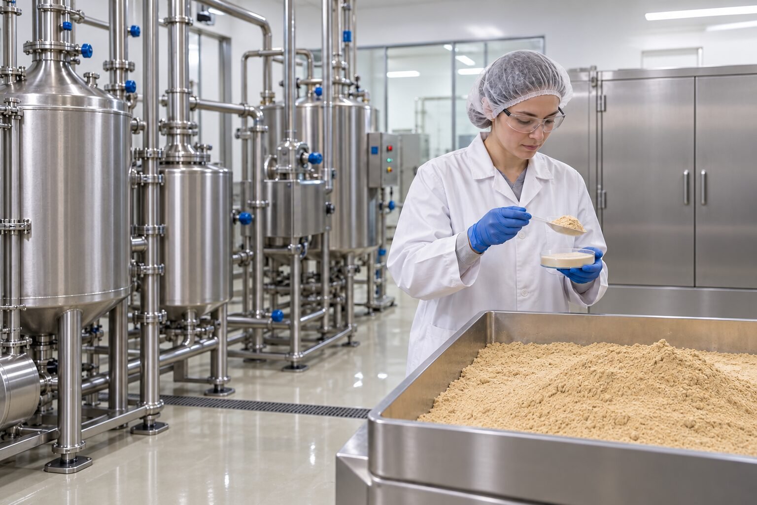 Quality technician inspecting finished Earthworm Protein Powder after controlled processing