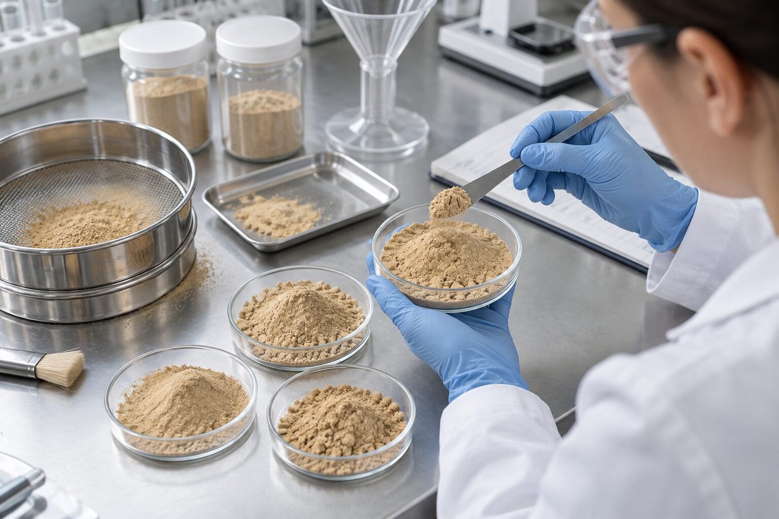 Formulation scientist evaluating the physical characteristics of Earthworm Protein Powder after milling and sieving