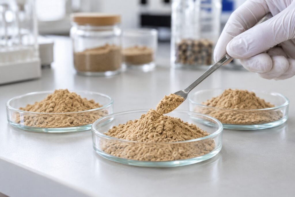 Laboratory technician weighing an Earthworm Protein Powder sample beside batch documentation