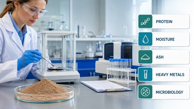 Earthworm Protein Powder testing requirements for protein, moisture, ash, heavy metals and microbiology