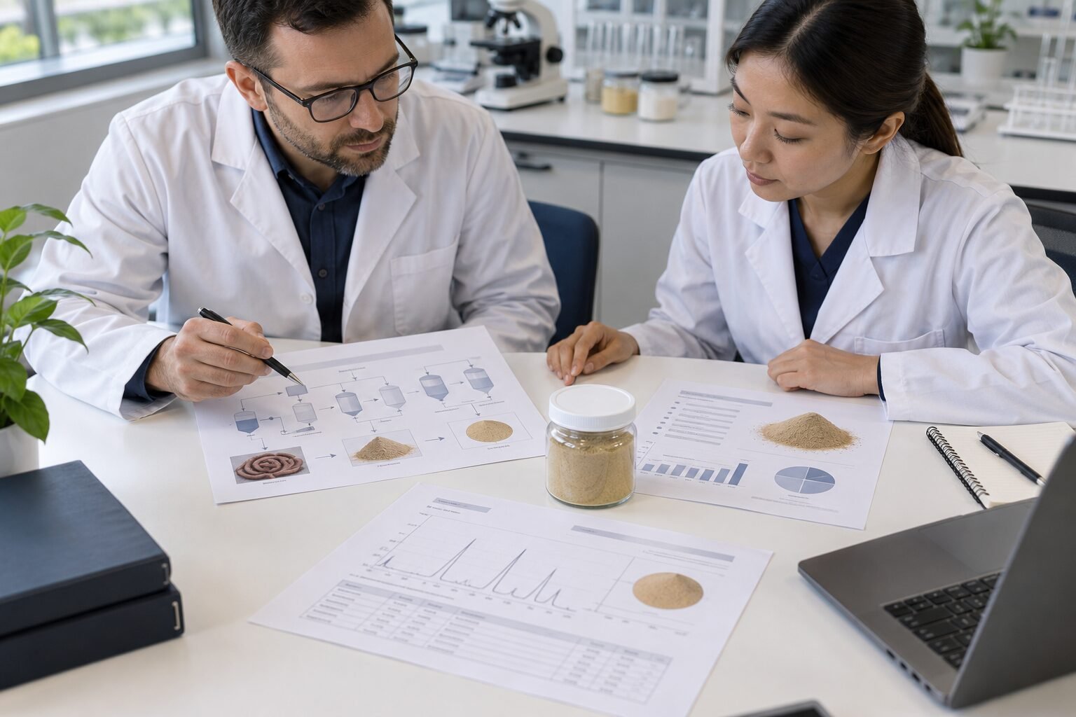 QA and R&D professionals comparing Earthworm Protein Powder process information with specification, COA, and sample data