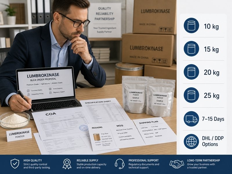 B2B buyer reviewing lumbrokinase COA, specification sheet and packaging before bulk order approval