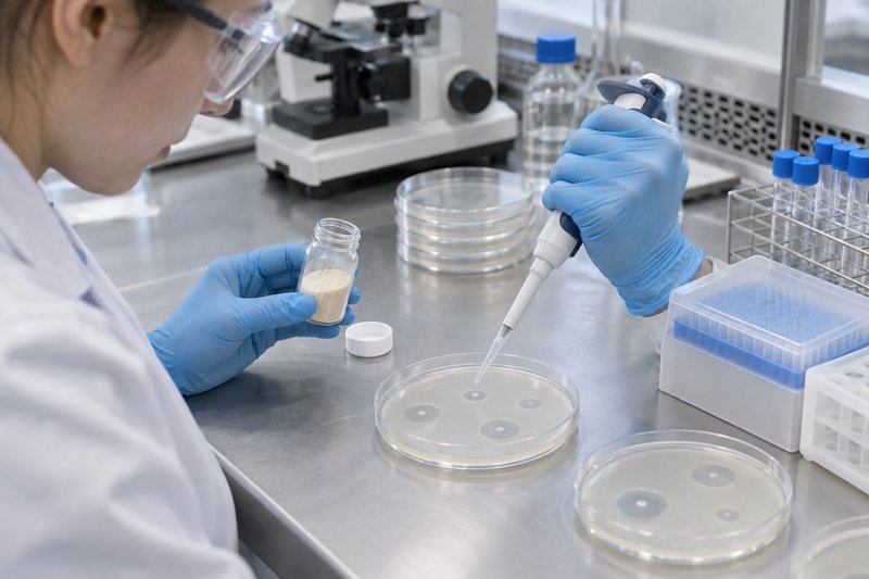 Laboratory analyst evaluating Lumbrokinase fibrinolytic activity using a fibrin plate assay