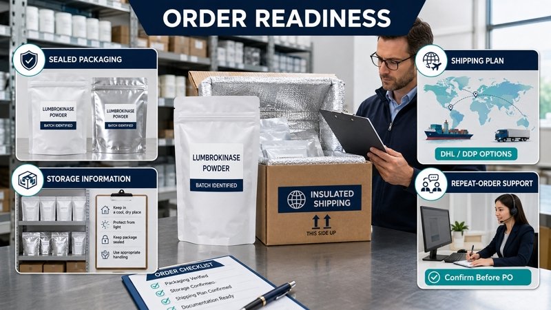 Sealed lumbrokinase bulk packaging with batch documents, storage information and shipping plan