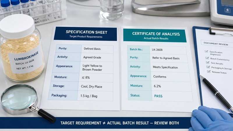 Lumbrokinase purity review using a specification sheet and batch certificate of analysis