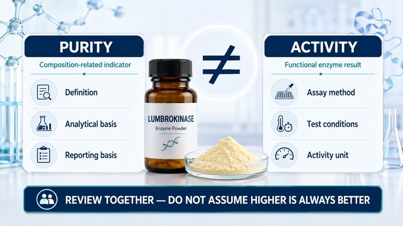 Lumbrokinase purity versus activity evaluation showing composition and assay differences