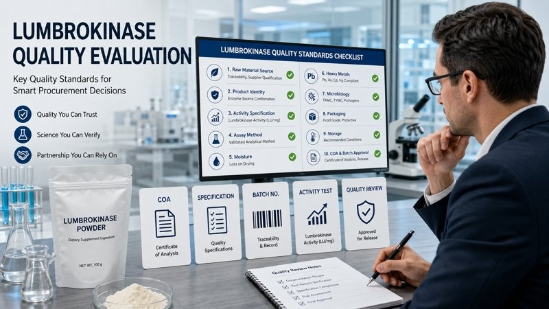 B2B buyer reviewing lumbrokinase COA, specification sheet, activity method and actual batch documentation