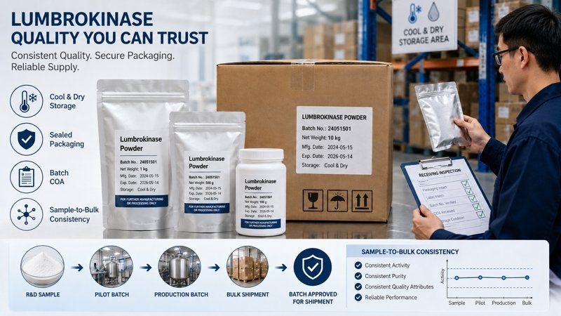 Lumbrokinase powder packaging, batch label, COA and quality control review for B2B ingredient sourcing