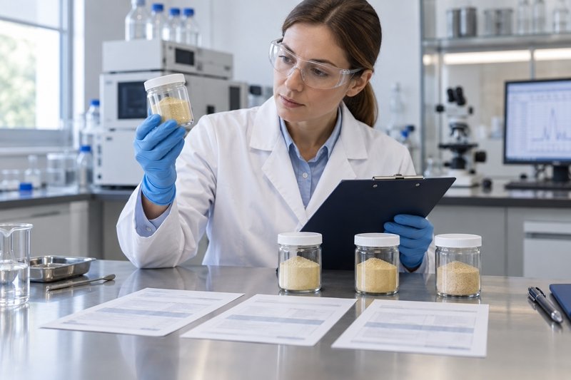 QA professional comparing a representative Lumbrokinase sample with multiple production batches