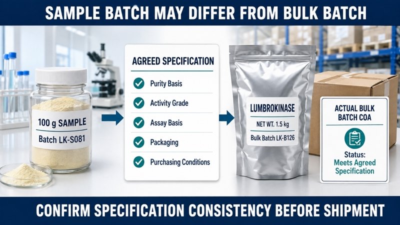 Lumbrokinase sample-to-bulk specification consistency and actual bulk batch COA review