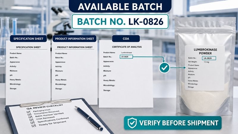 Lumbrokinase sample-to-bulk specification consistency and batch confirmation