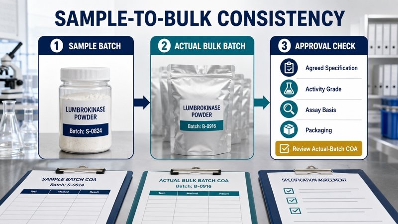 Lumbrokinase supplier checklist covering batch COA, assay method, sample and bulk specification consistency