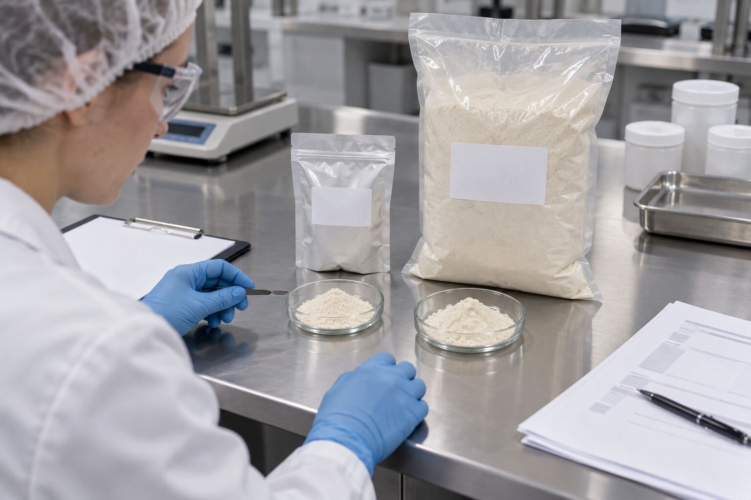 QA professional comparing a Lumbrokinase sample with commercial-batch material