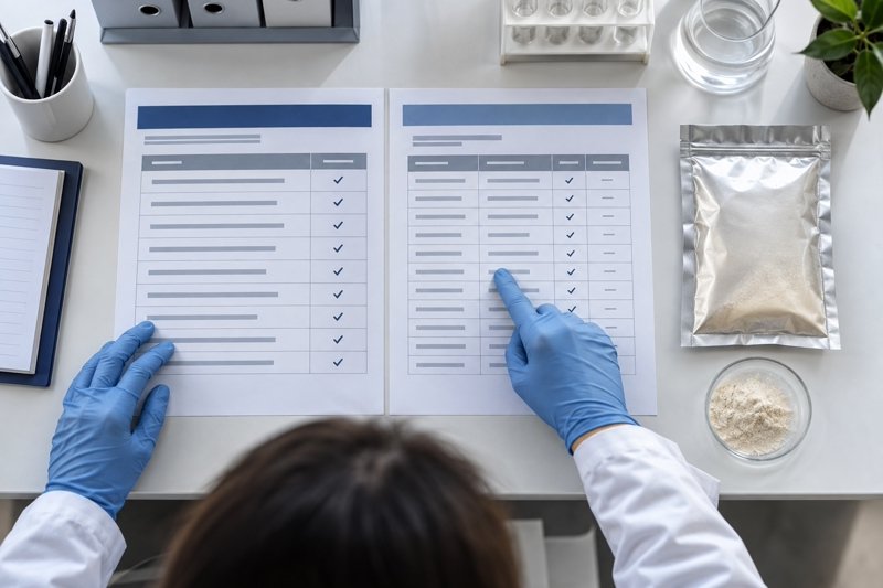 QA specialist comparing a Lumbrokinase ingredient specification with batch COA results