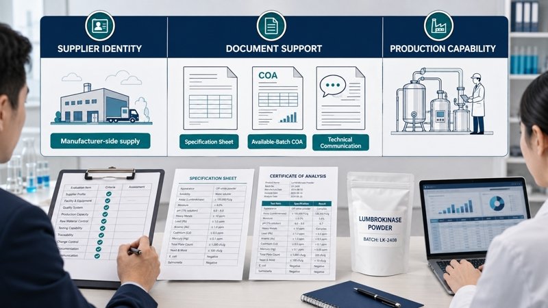 B2B purchasing and QA teams reviewing key questions to ask a lumbrokinase supplier before order approval