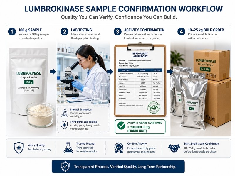Lumbrokinase sample confirmation before 10–25 kg bulk order approval