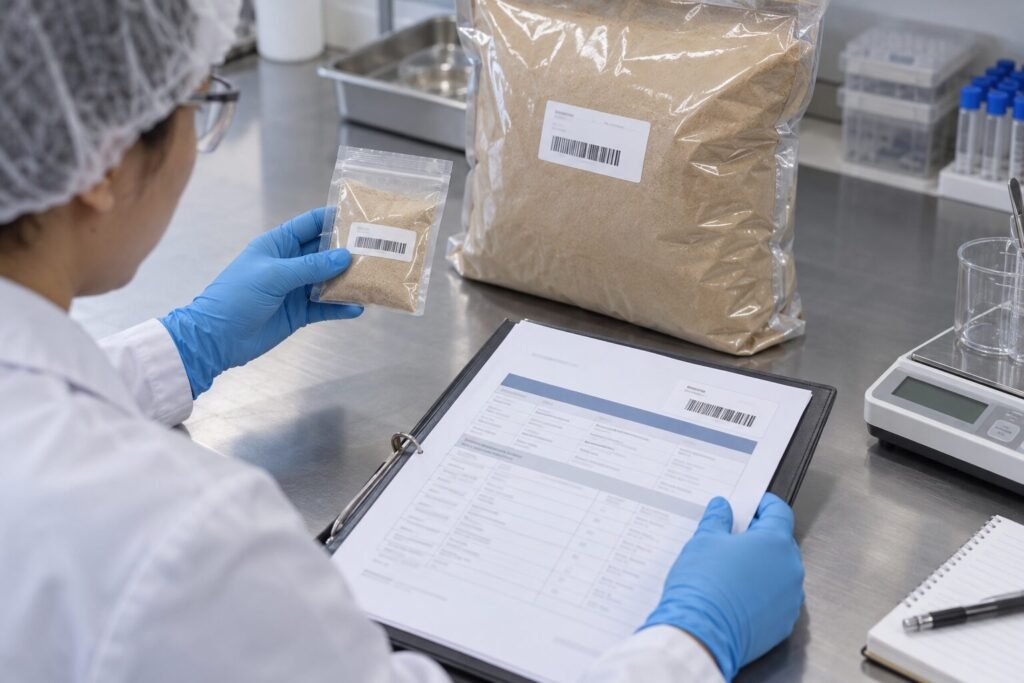 QA specialist reviewing Earthworm Peptide Powder sample and commercial batch traceability documents
