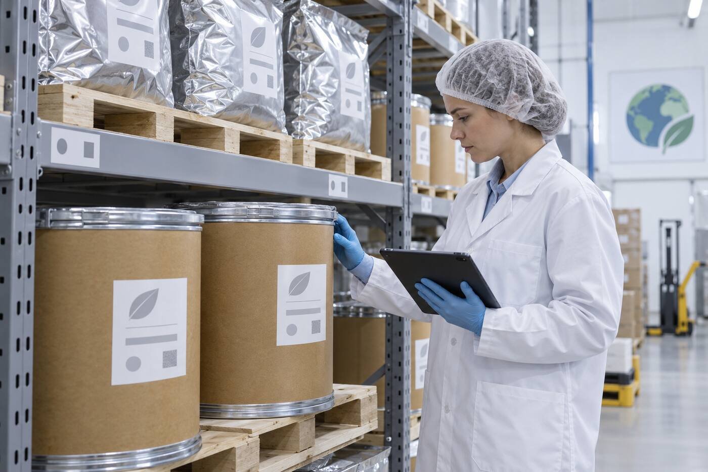 Warehouse QA inspection of Earthworm Peptide Powder inventory, batch identification and container integrity