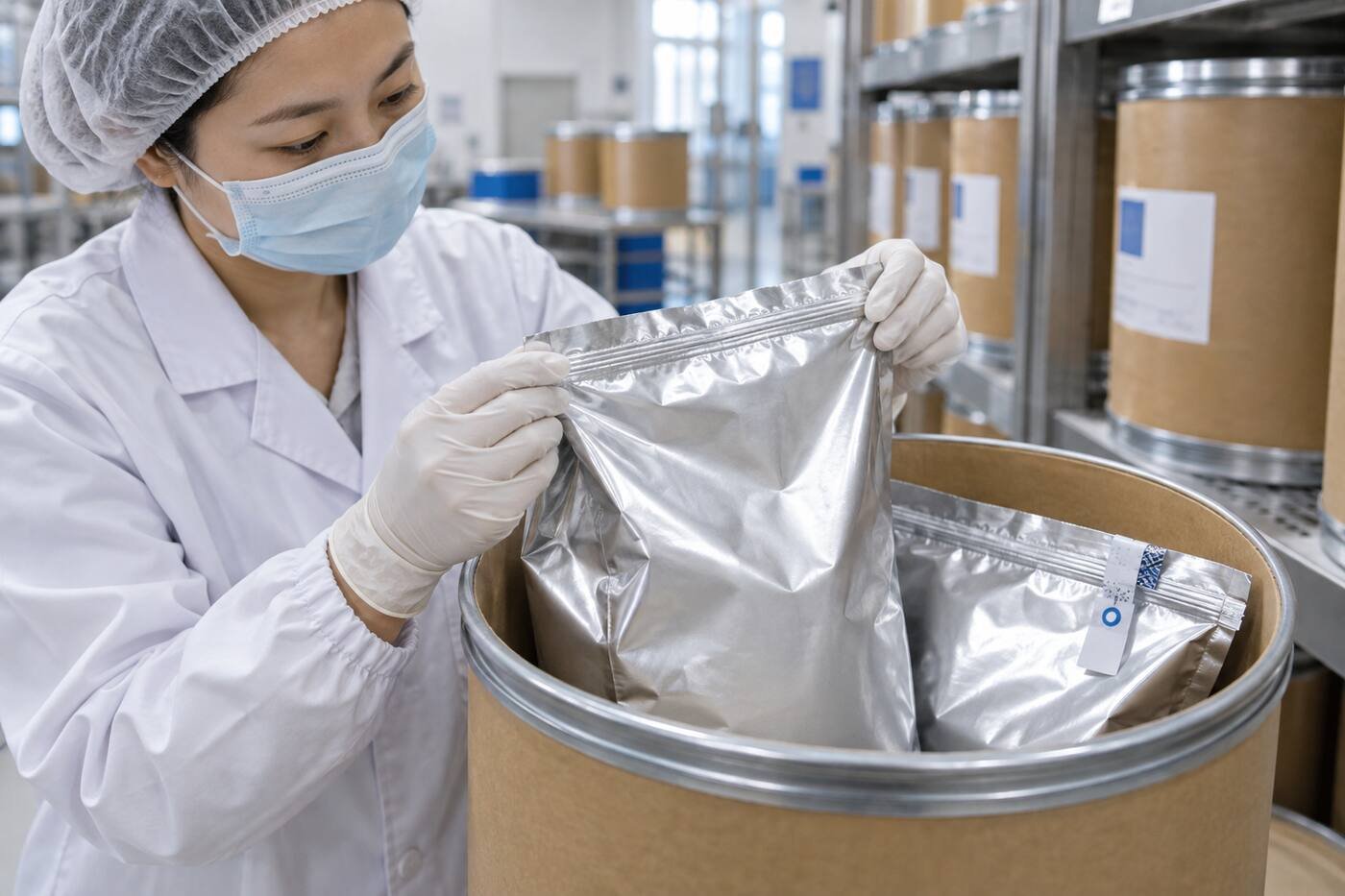 Quality inspector checking Earthworm Peptide Powder packaging integrity and aluminum foil bag seal